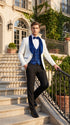 Marco Lorenzo Premium White Paisley 4 Piece Suit with Royal Blue Velvet Shawl Lapel and Matching Bow Tie