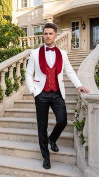 Marco Lorenzo Premium White Paisley 4 Piece Suit with Red Velvet Shawl Lapel and Matching Bow Tie