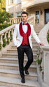 Marco Lorenzo Premium White Paisley 4 Piece Suit with Red Velvet Shawl Lapel and Matching Bow Tie