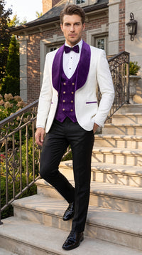 Marco Lorenzo Premium White Paisley 4 Piece Suit with Purple Velvet Shawl Lapel and Matching Bow Tie