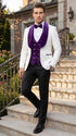 Marco Lorenzo Premium White Paisley 4 Piece Suit with Purple Velvet Shawl Lapel and Matching Bow Tie