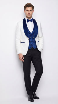 Marco Lorenzo Premium White Paisley 4 Piece Suit with Royal Blue Velvet Shawl Lapel and Matching Bow Tie