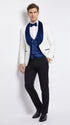 Marco Lorenzo Premium White Paisley 4 Piece Suit with Royal Blue Velvet Shawl Lapel and Matching Bow Tie
