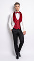 Marco Lorenzo Premium White Paisley 4 Piece Suit with Red Velvet Shawl Lapel and Matching Bow Tie