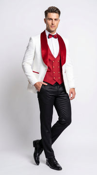 Marco Lorenzo Premium White Paisley 4 Piece Suit with Red Velvet Shawl Lapel and Matching Bow Tie