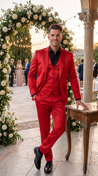 Men’s Red 3 Piece Slim Fit Shiny Satin Suit, Formal Wedding Prom Party Dress Suit