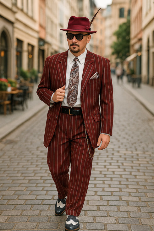 Burgundy Pinstripe Zoot Suit – 3 Piece 1920s/1930s Gangster Outfit (Jacket and Pants and Vest)  Vintage Fashion