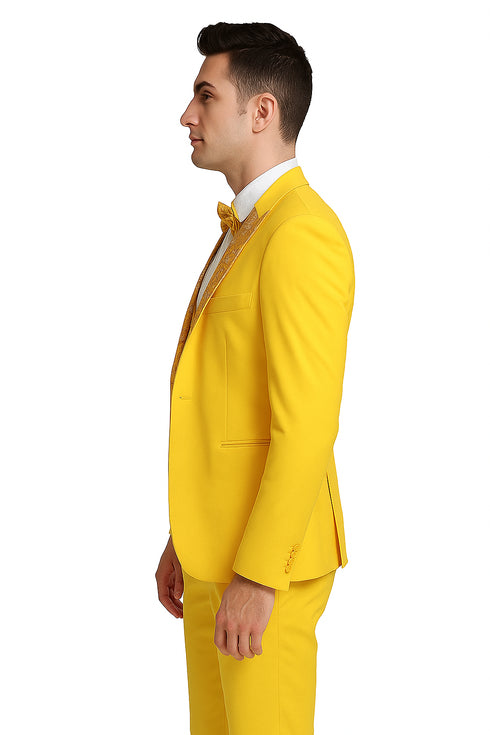 Radiant Golden Bloom Mens 3-Piece Suits with Floral Peak Lapel