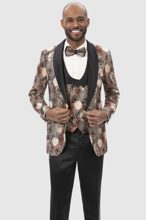 Men's Rust Geometric Pattern Tuxedo with Vest & Bowtie – One Button Formal Suit