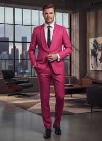 Mens Fuchsia Pink 2-Piece Slim Fit Suit – 1 Button Shawl Lapel with Flat Front Pants