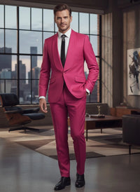 Mens Fuchsia Pink 2-Piece Slim Fit Suit – 1 Button Shawl Lapel with Flat Front Pants
