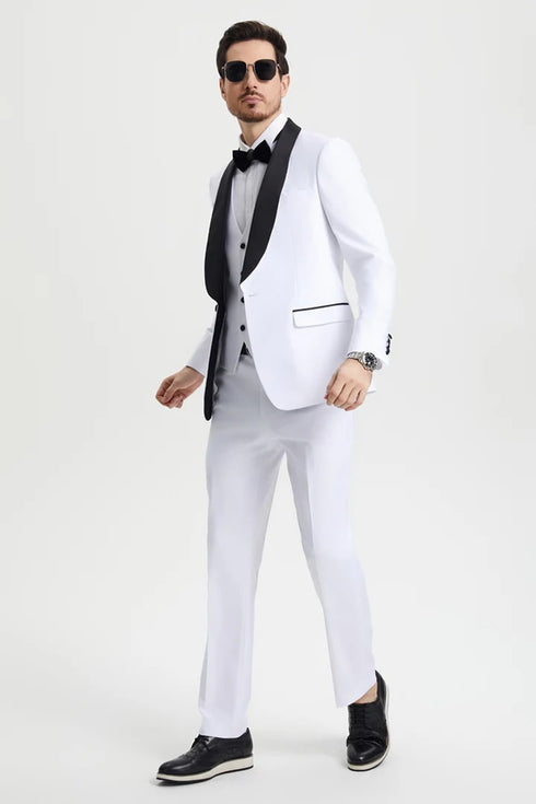 All White Mens Tuxedo - Wedding Suit - Men's Stacy Adams Vested One Button Shawl Lapel Designer Tuxedo In White