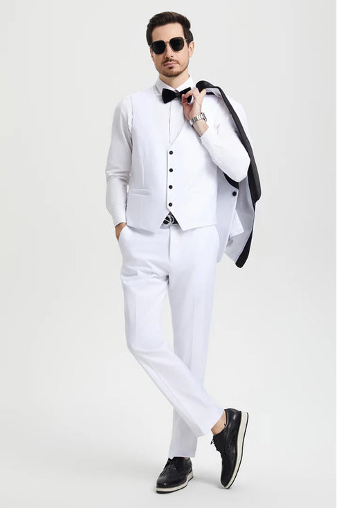 All White Mens Tuxedo - Wedding Suit - Men's Stacy Adams Vested One Button Shawl Lapel Designer Tuxedo In White