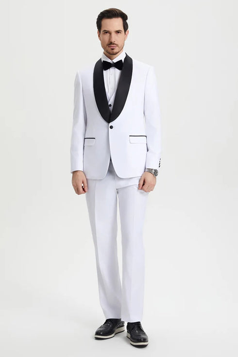 All White Mens Tuxedo - Wedding Suit - Men's Stacy Adams Vested One Button Shawl Lapel Designer Tuxedo In White