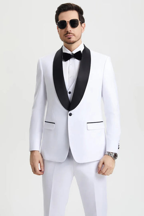 All White Mens Tuxedo - Wedding Suit - Men's Stacy Adams Vested One Button Shawl Lapel Designer Tuxedo In White