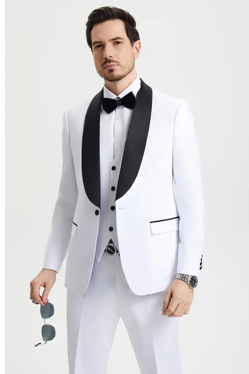 All White Mens Tuxedo - Wedding Suit - Men's Stacy Adams Vested One Button Shawl Lapel Designer Tuxedo In White