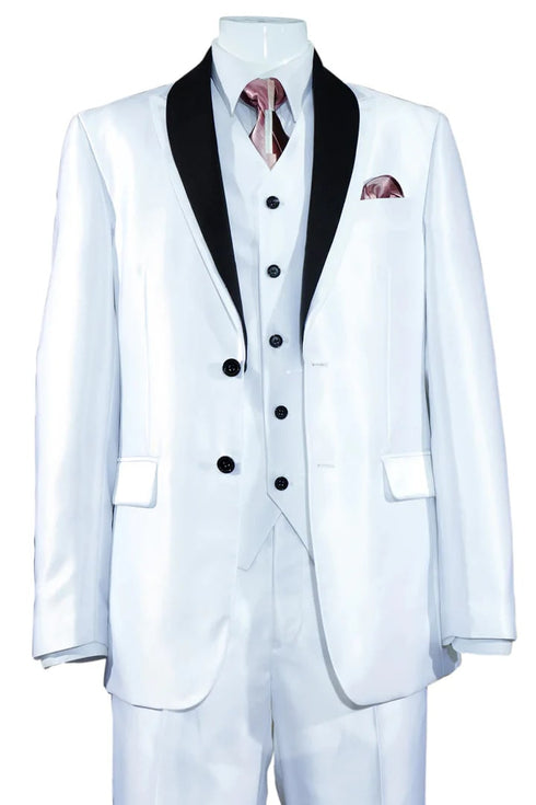 All White Mens Tuxedo - Wedding Suit - Mens 2 Button Vested Slim Fit Shiny Sharkskin Tuxedo Suit In White