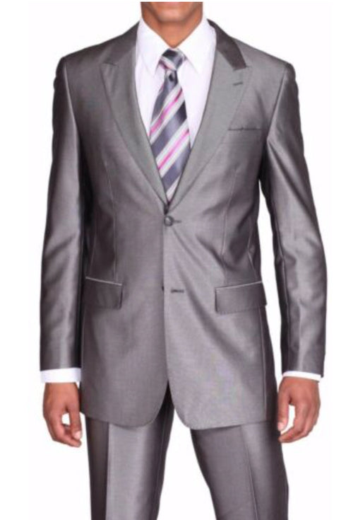 Mens 2 Button Peak Lapel Shiny Sharkskin Suit in Charcoal