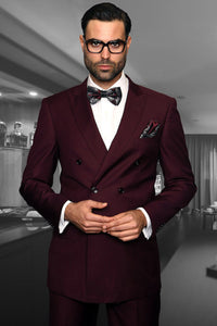 Men's Designer Double Breasted Wool Suit in Burgundy