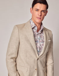 Mens Linen Suit For Beach Wedding - Summer Suit in Natural Herringbone Tailored Fit