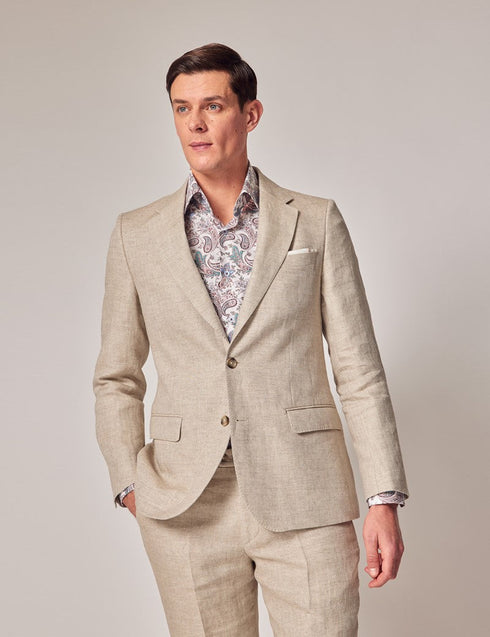 Mens Linen Suit For Beach Wedding - Summer Suit in Natural Herringbone Tailored Fit