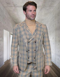 Tan Plaid Suit - Camel Khaki Tan Beige Color - Double Breasted Vested Mens Suit Windowpane Pattern - Modern Fit
