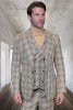 Mens Designer 1 Button Vested Wool Suit in Tan Windowpane Plaid Suit