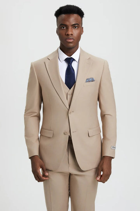 Men's Two Button Vested Stacy Adams Basic Designer Tan Suit