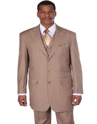 Pleated Dress Men Suits - Mens Vintage Vested Gangster Bold Pinstripe Tan Fashion Suit