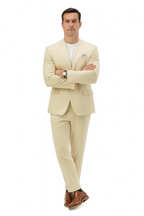 Mens Two Piece Linen Suit Relaxed Hybrid Fit No Collar