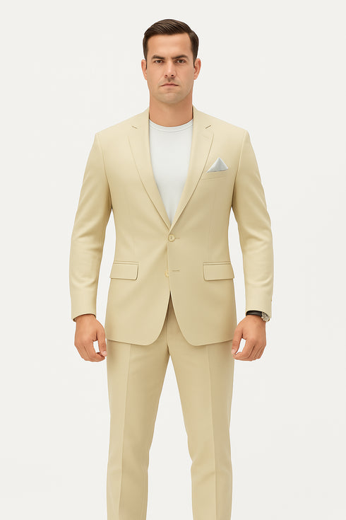 Mens Two Piece Linen Suit Relaxed Hybrid Fit No Collar