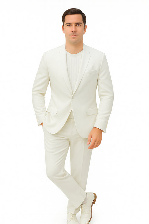 Mens Two Piece Linen Suit Relaxed Hybrid Fit No Collar
