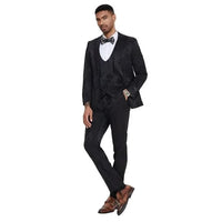 2026 Floral Mens 3PC Suit w/ Double Breasted Prom Vest by Tazzio, Black Black Prom Tuxedos