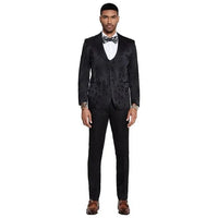 2026 Floral Mens 3PC Suit w/ Double Breasted Prom Vest by Tazzio, Black Black Prom Tuxedos