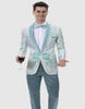 Mens Wave and Flower Pattern Studded Shawl Lapel Prom Teal Tuxedo Jacket