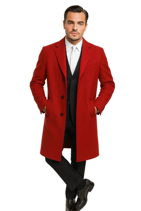 Three Buttons Red Wool Fabric Overcoat / Long men's Dress Topcoat - Winter coat