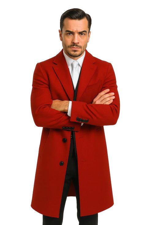 Three Buttons Red Wool Fabric Overcoat / Long men's Dress Topcoat - Winter coat
