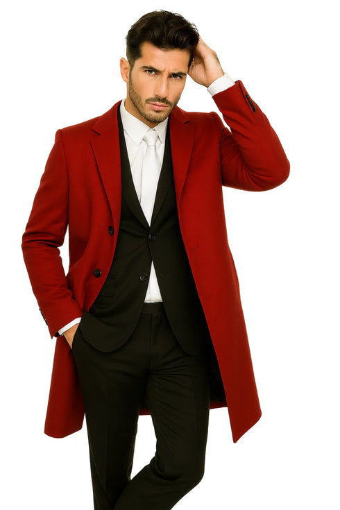 Three Buttons Red Wool Fabric Overcoat / Long men's Dress Topcoat - Winter coat