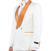 New Paisely Skinny Fit Double-Breasted By Tazio, Ivory & Rustic Orange Tuxedo