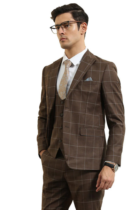 Mens Slim Fit Two Button Peak Lapel Vested Suit in Brown Windowpane Plaid