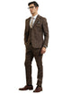 Mens Slim Fit Two Button Peak Lapel Vested Suit in Brown Windowpane Plaid