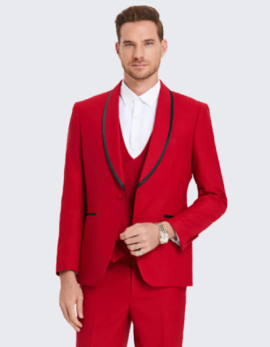 Statement Men's Red with Black Lapel Vested 100% Wool Tuxedo