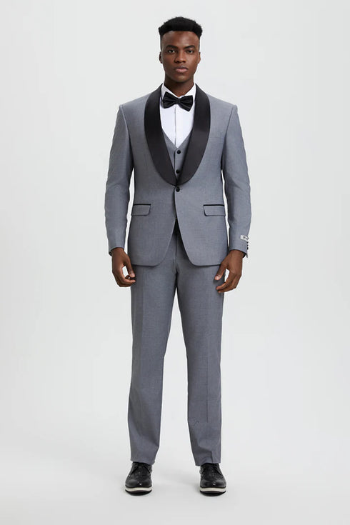 Mens Gray Tuxedo - Grey Wedding Suit-Mens Stacy Adams Vested One Button Shawl Lapel Designer Tuxedo In Grey