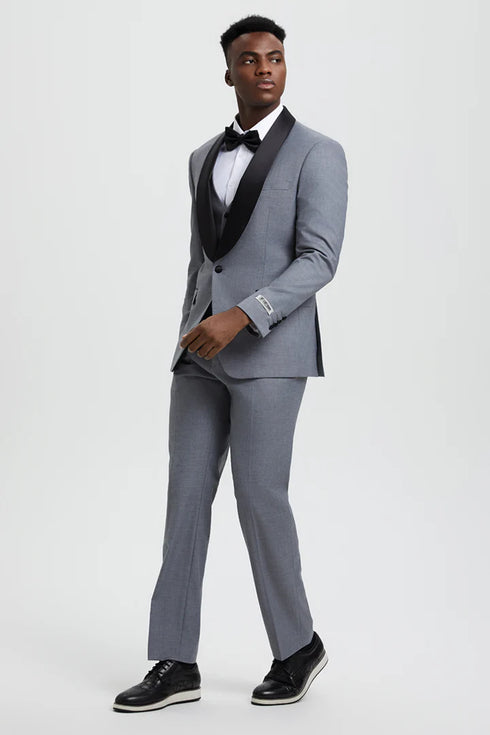 Mens Gray Tuxedo - Grey Wedding Suit-Mens Stacy Adams Vested One Button Shawl Lapel Designer Tuxedo In Grey