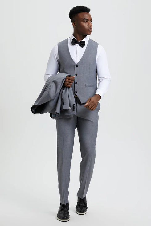 Mens Gray Tuxedo - Grey Wedding Suit-Mens Stacy Adams Vested One Button Shawl Lapel Designer Tuxedo In Grey