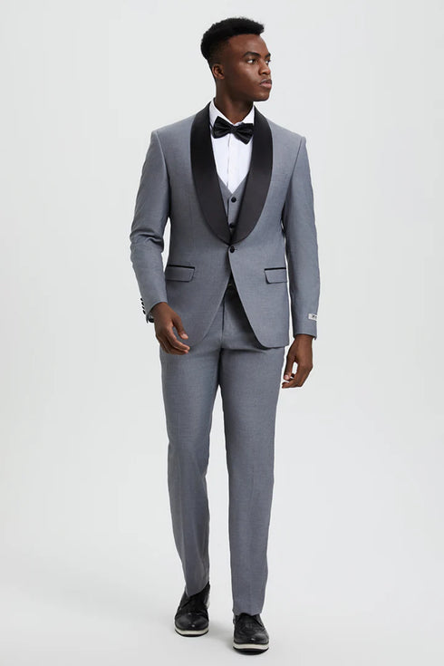 Mens Gray Tuxedo - Grey Wedding Suit-Mens Stacy Adams Vested One Button Shawl Lapel Designer Tuxedo In Grey