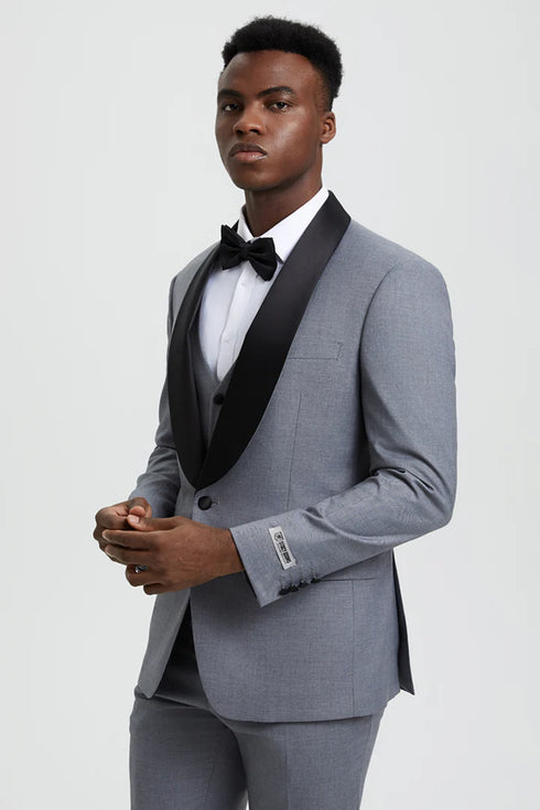 Mens Gray Tuxedo - Grey Wedding Suit-Mens Stacy Adams Vested One Button Shawl Lapel Designer Tuxedo In Grey