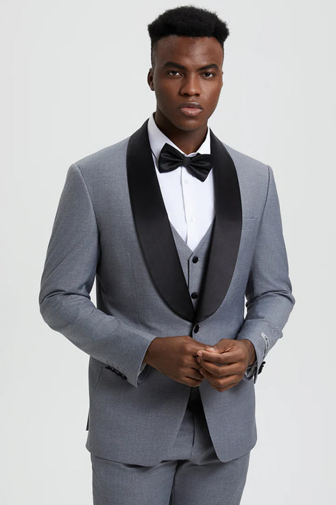 Mens Gray Tuxedo - Grey Wedding Suit-Mens Stacy Adams Vested One Button Shawl Lapel Designer Tuxedo In Grey