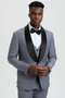 Mens Gray Tuxedo - Grey Wedding Suit-Mens Stacy Adams Vested One Button Shawl Lapel Designer Tuxedo In Grey