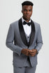 Mens Gray Tuxedo - Grey Wedding Suit-Mens Stacy Adams Vested One Button Shawl Lapel Designer Tuxedo In Grey